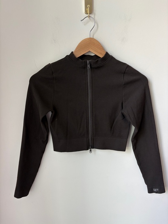 SET Active Jackets & Blazers - SET Active Sculptflex Jacket Ribbed in Espresso Brown Zip Front Cropped Size S